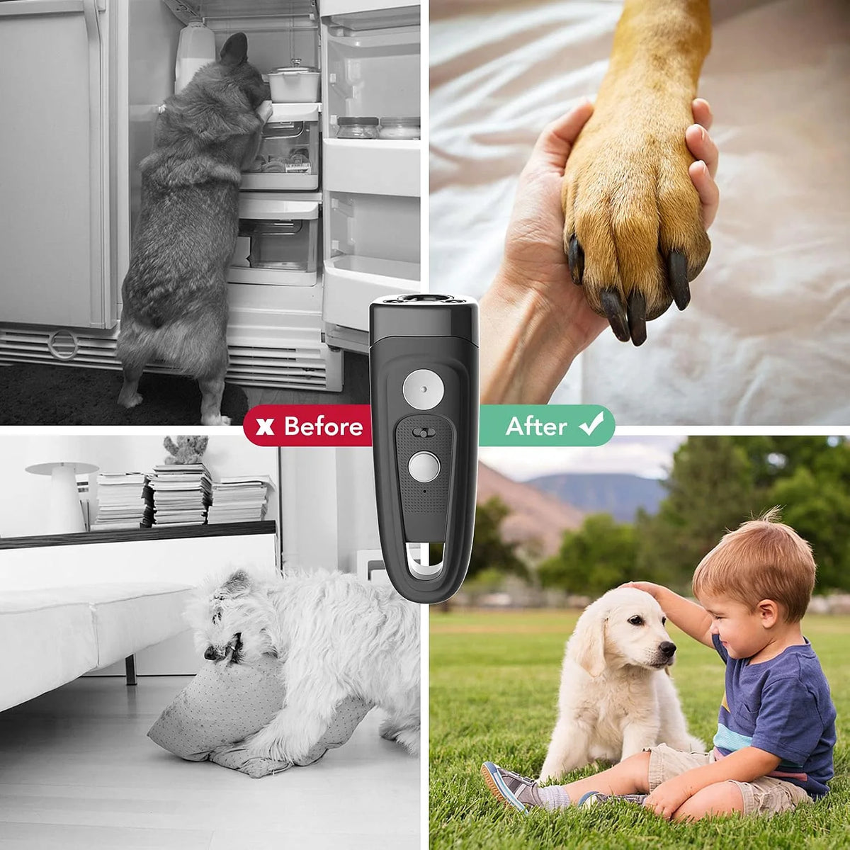 Rechargeable Ultrasonic Dog Bark Deterrent, 16.5Ft Anti-Barking Device with Dual LED Flashlight & Clicker