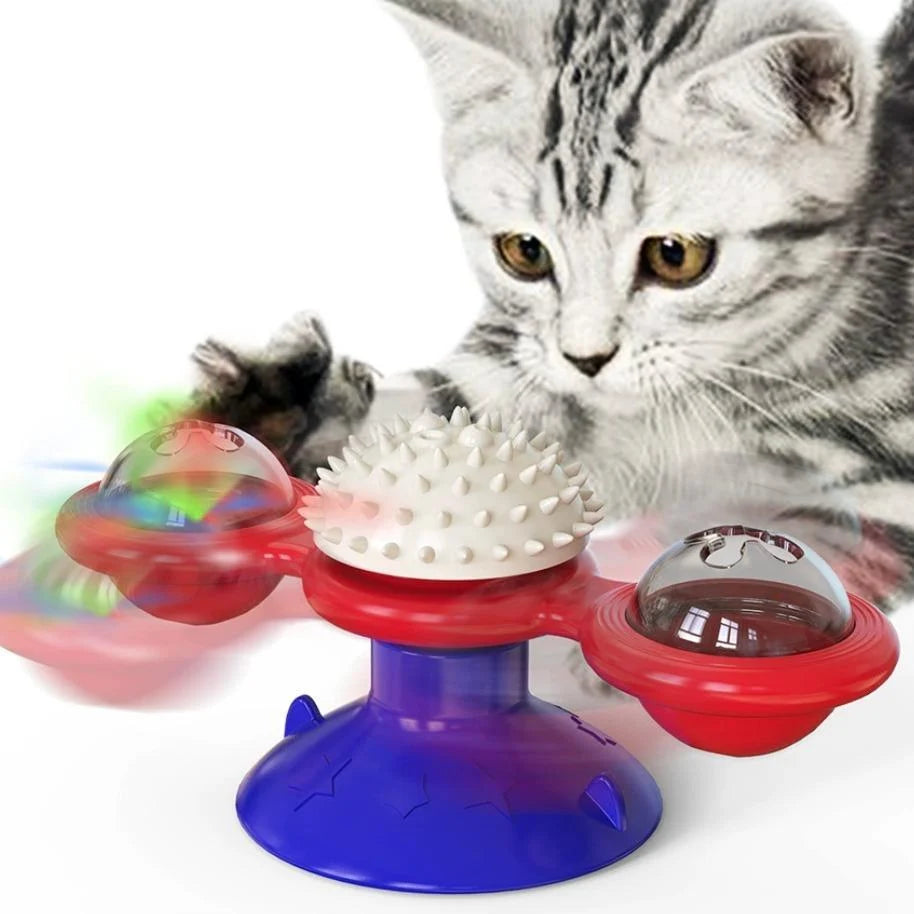 Interactive Windmill Cat Toy with LED Light Ball, Suction Cup, and Catnip Indoor Cat Exercise and Entertainment Set.