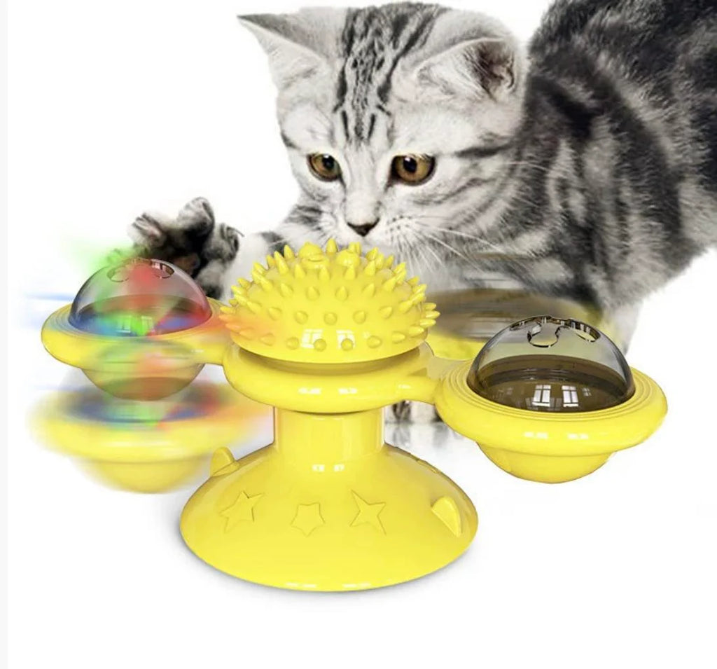 Interactive Windmill Cat Toy with LED Light Ball, Suction Cup, and Catnip Indoor Cat Exercise and Entertainment Set.