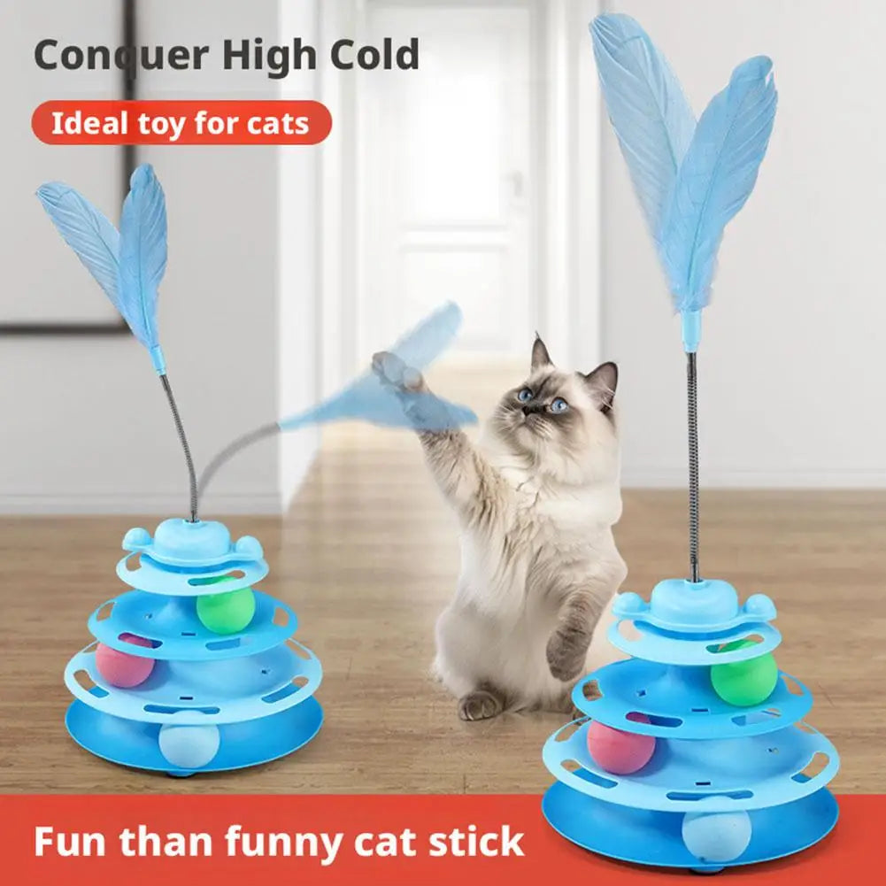 Pattern Feather Cat Toy, Three-Layer Rotating Tower with Ball, Indoor Cat Interactive Fun&Christmas, New Year Pet Toys