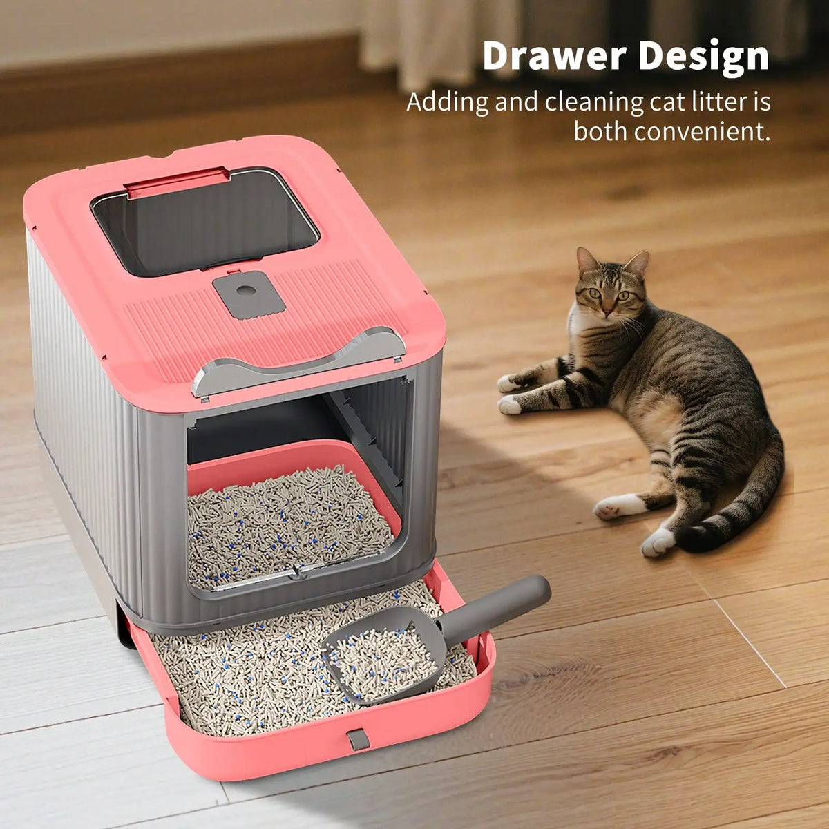 Foldable Cat Litter Box, Fully Enclosed Litter Box with Lid, Covered Kitty Kitten Litter Boxes Enclosure with Scoop, Odor Control, Easy to Clean, 3 Modes for Cat up to 12 Lbs(White&Pink)