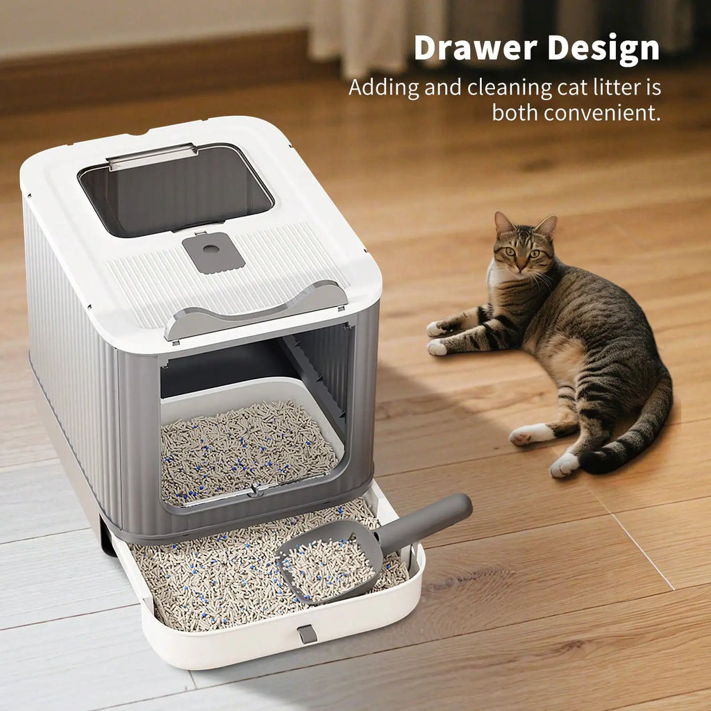 Foldable Cat Litter Box, Fully Enclosed Litter Box with Lid, Covered Kitty Kitten Litter Boxes Enclosure with Scoop, Odor Control, Easy to Clean, 3 Modes for Cat up to 12 Lbs(White&Pink)