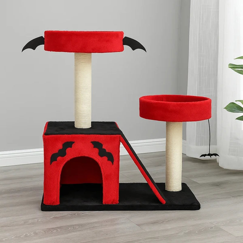 Halloween Cat Climbing Frame Gothic Cat Tree, Cat Tower with Spacious Cat Condo, 2 Padded Perches, Spider Toy, Scratching Posts, Scratching Ladder for Large Cats, Red & Black