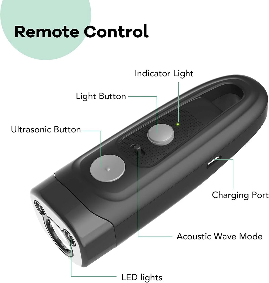 Rechargeable Ultrasonic Dog Bark Deterrent, 16.5Ft Anti-Barking Device with Dual LED Flashlight & Clicker