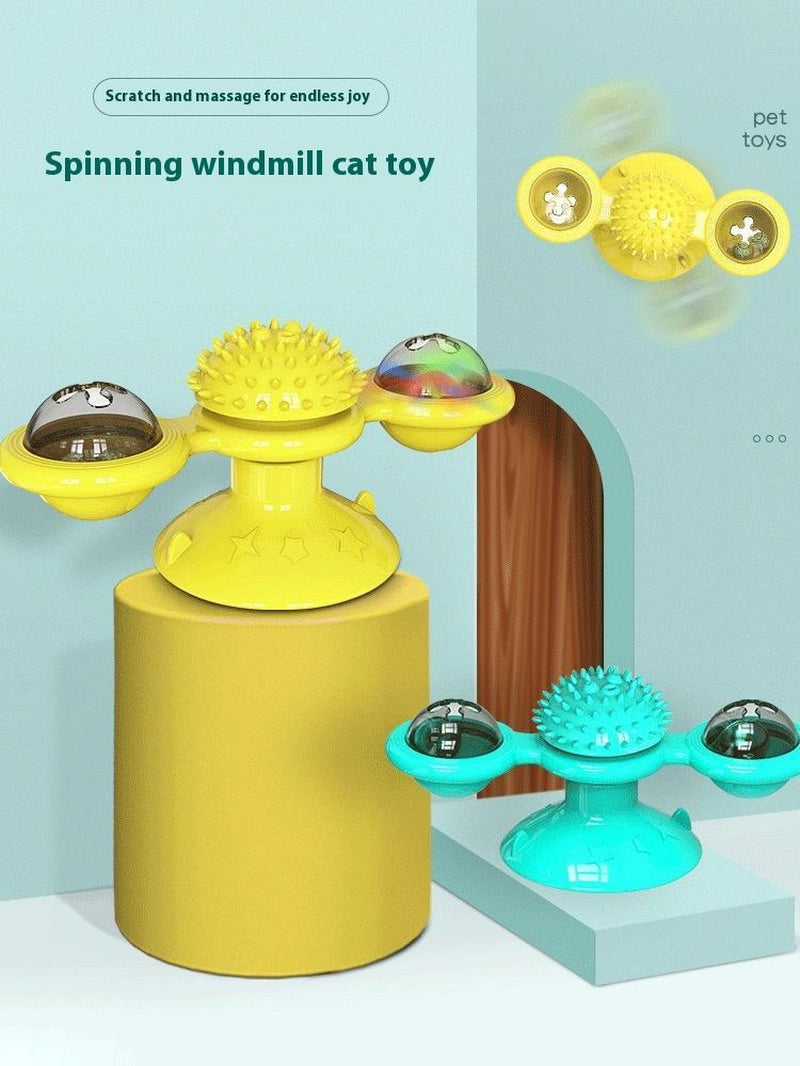 Interactive Windmill Cat Toy with LED Light Ball, Suction Cup, and Catnip Indoor Cat Exercise and Entertainment Set.