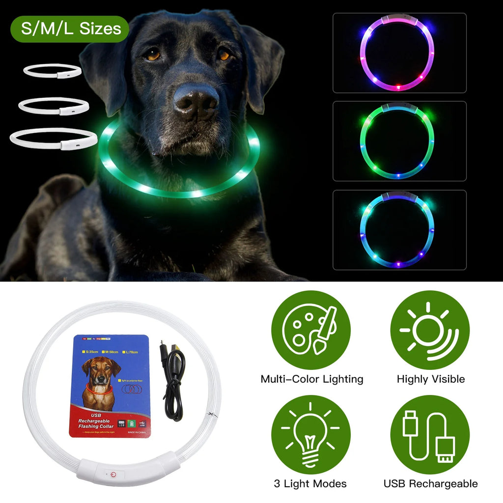 1Pc USB Rechargeable LED Dog Collar Multi Color Lighting Dog Safety Collar Cuttable Length Glow Dog Collar for Small Medium Large Dog Night Walking