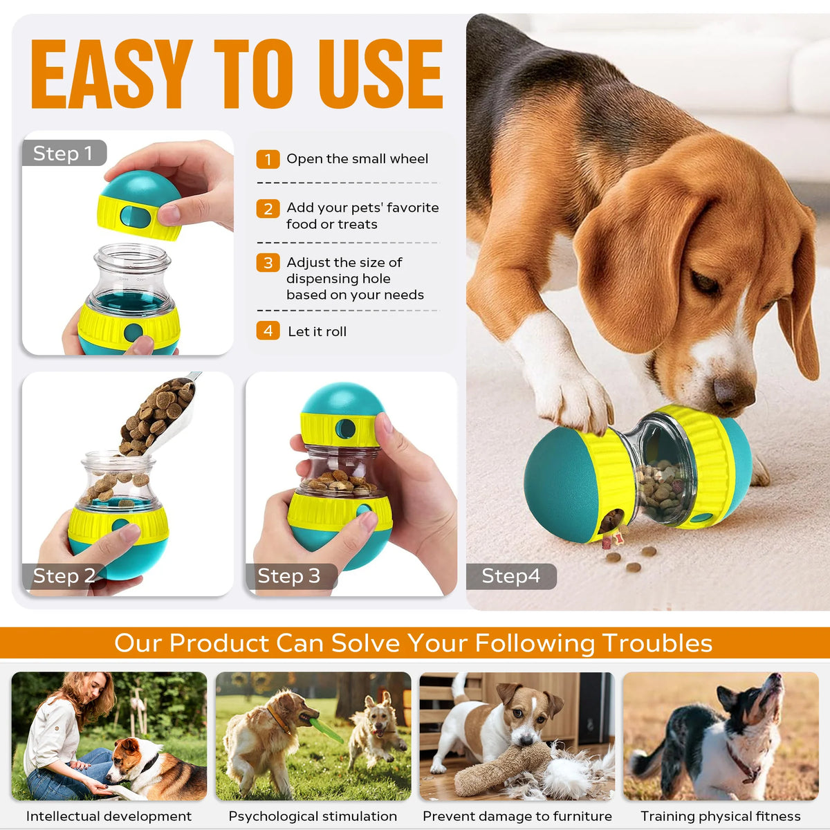 Dog Puzzle Toy, Adjustable Treat Dispensing Ball Food Dispenser Tough Slow Feeder Puppy Enrichment Training Toy Pet Interactive Chase Toys for Small Medium Large Dogs