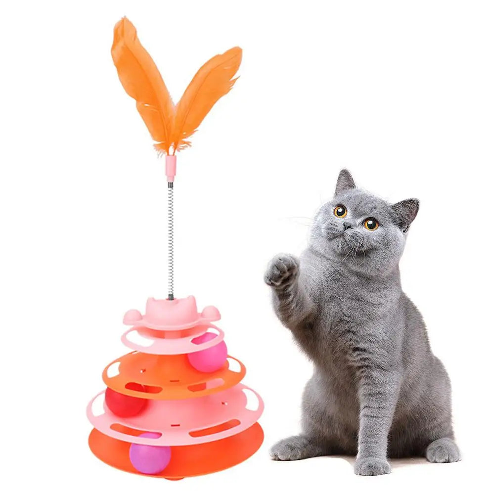 Pattern Feather Cat Toy, Three-Layer Rotating Tower with Ball, Indoor Cat Interactive Fun&Christmas, New Year Pet Toys