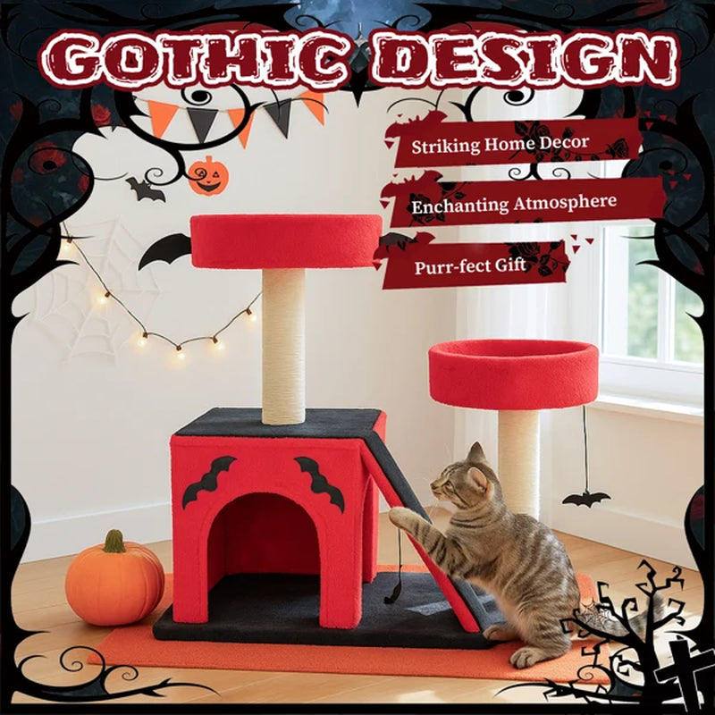 Halloween Cat Climbing Frame Gothic Cat Tree, Cat Tower with Spacious Cat Condo, 2 Padded Perches, Spider Toy, Scratching Posts, Scratching Ladder for Large Cats, Red & Black