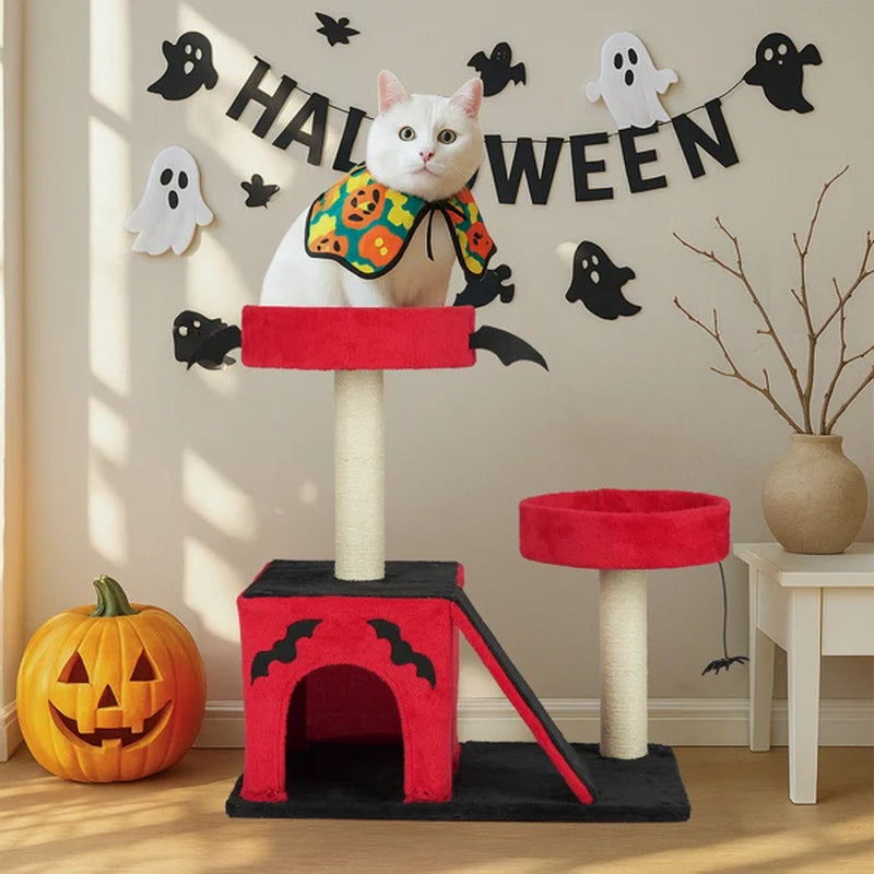 Halloween Cat Climbing Frame Gothic Cat Tree, Cat Tower with Spacious Cat Condo, 2 Padded Perches, Spider Toy, Scratching Posts, Scratching Ladder for Large Cats, Red & Black