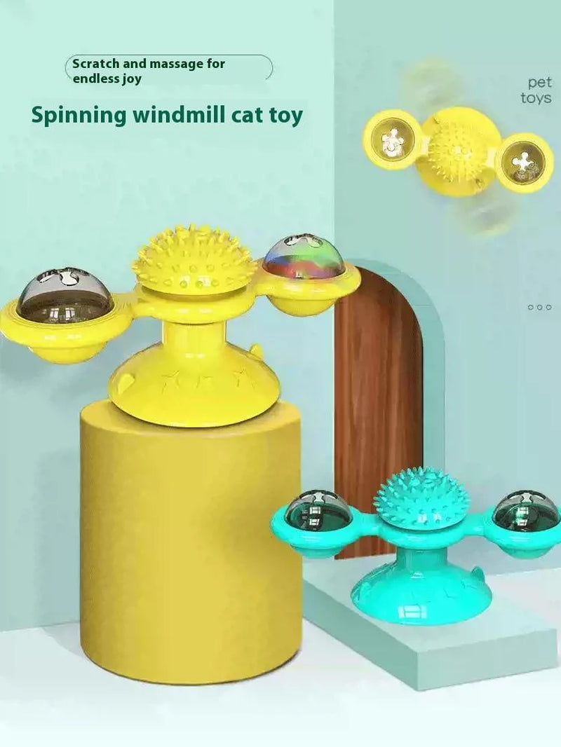 Interactive Windmill Cat Toy with LED Light Ball, Suction Cup, and Catnip Indoor Cat Exercise and Entertainment Set.