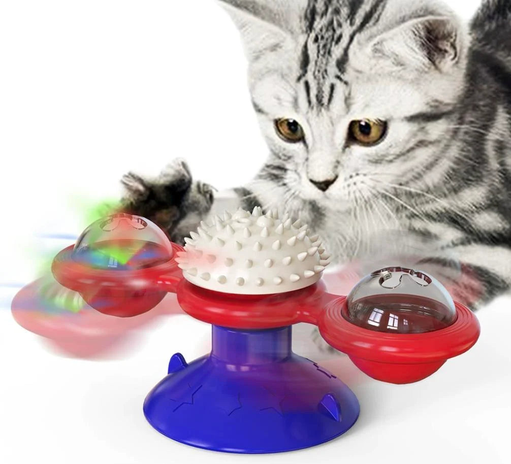 Interactive Windmill Cat Toy with LED Light Ball, Suction Cup, and Catnip Indoor Cat Exercise and Entertainment Set.