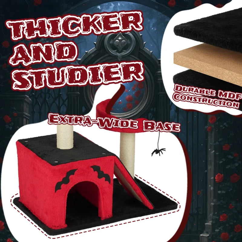 Halloween Cat Climbing Frame Gothic Cat Tree, Cat Tower with Spacious Cat Condo, 2 Padded Perches, Spider Toy, Scratching Posts, Scratching Ladder for Large Cats, Red & Black