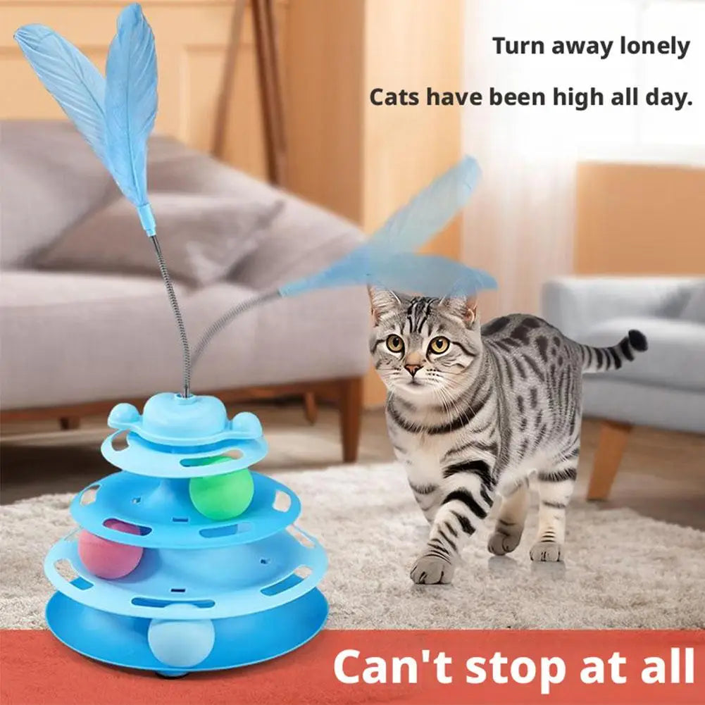 Pattern Feather Cat Toy, Three-Layer Rotating Tower with Ball, Indoor Cat Interactive Fun&Christmas, New Year Pet Toys