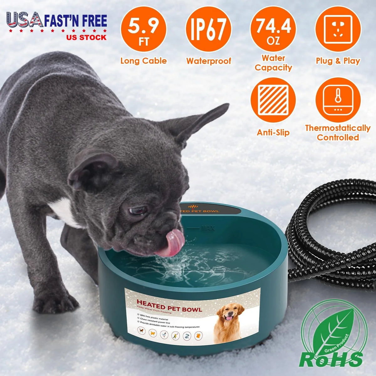 1Pc Heated Water Bowl for Dog Cat 74.4OZ Heating Water Dish IP67 Waterproof Thermal Water Bowl Heated Pet Bowl Dog Cat Water Feeder Bowl for Dog Cat Rabbit Pet