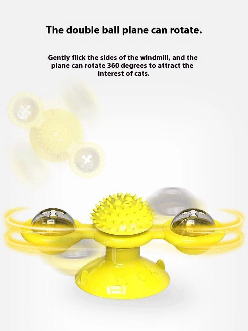 Interactive Windmill Cat Toy with LED Light Ball, Suction Cup, and Catnip Indoor Cat Exercise and Entertainment Set.