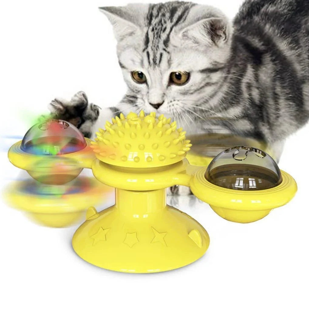 Interactive Windmill Cat Toy with LED Light Ball, Suction Cup, and Catnip Indoor Cat Exercise and Entertainment Set.
